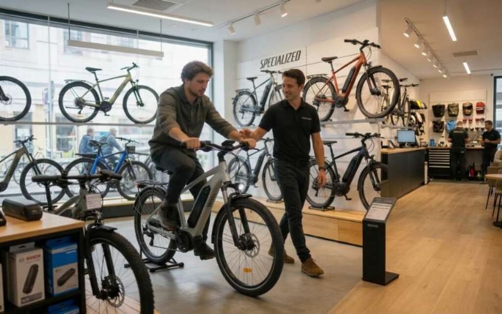 Essai d’un vélo électrique dans un magasin spécialisé