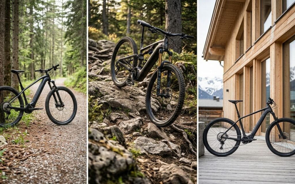VTT électrique sur un sentier forestier en montagne
