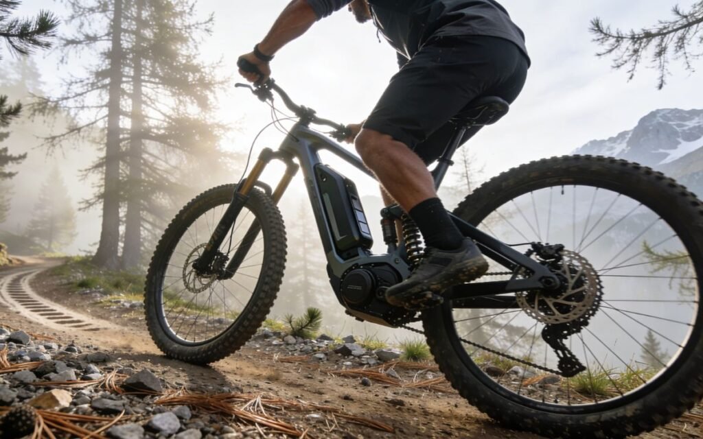 Cycliste roulant sur un VTT électrique sur un terrain tout-terrain