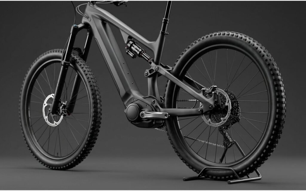 Vue latérale d’un VTT électrique avec moteur central et batterie intégrée