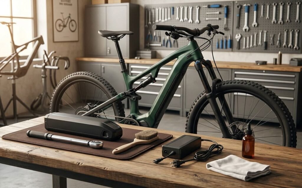 Entretien d’un VTT électrique dans un atelier avec batterie et outils
