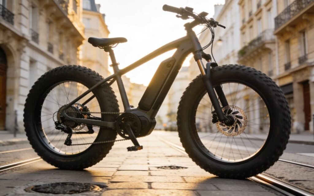 fat bike électrique tout-terrain avec pneus larges sur chemin mixte en France