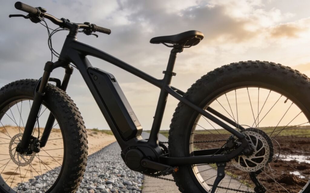fat bike électrique roulant sur le sable en bord de mer en France