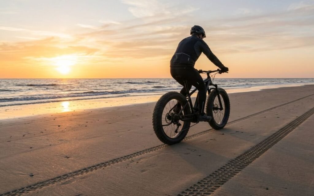 fat bike électrique sur sentier forestier en France avec pneus très larges