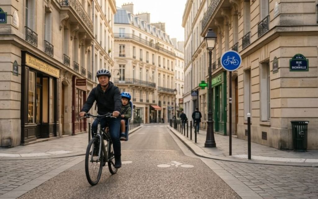 Adulte et enfant à vélo avec casque dans une rue française