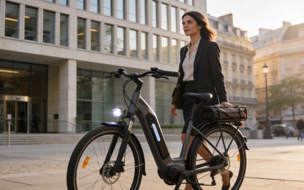 Femme à vélo de ville électrique lors d’un trajet domicile-travail