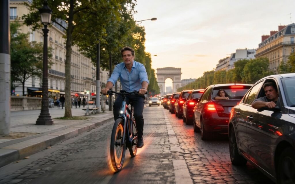 Homme en vélo électrique de ville circulant plus vite que les voitures