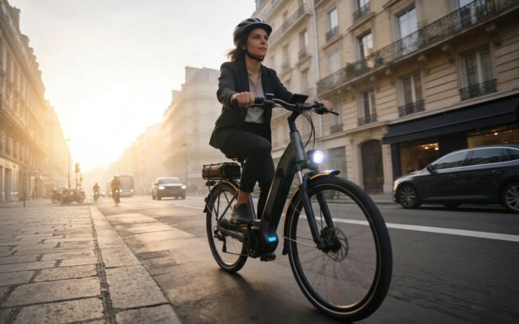 Arrivée sereine au bureau avec un vélo de ville électrique
