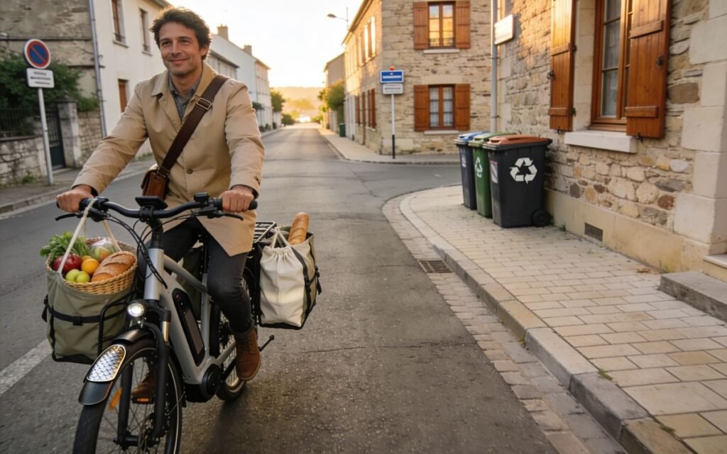 Vélo électrique urbain utilisé pour les courses du quotidien en ville
