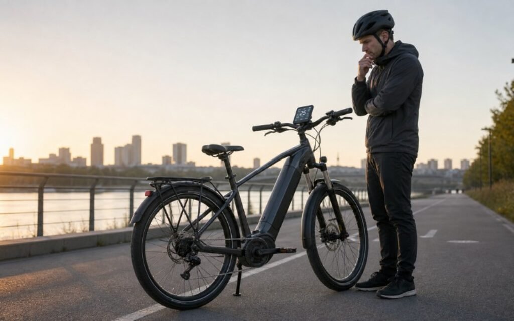 cycliste à côté de son vélo électrique sur une piste cyclable, regardant le compteur avant de débrider son VAE

