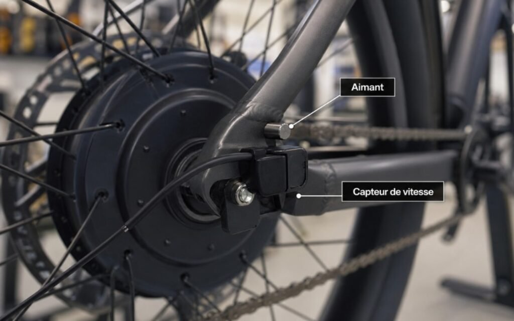 gros plan sur le capteur de vitesse et l’aimant fixés sur la roue d’un vélo électrique