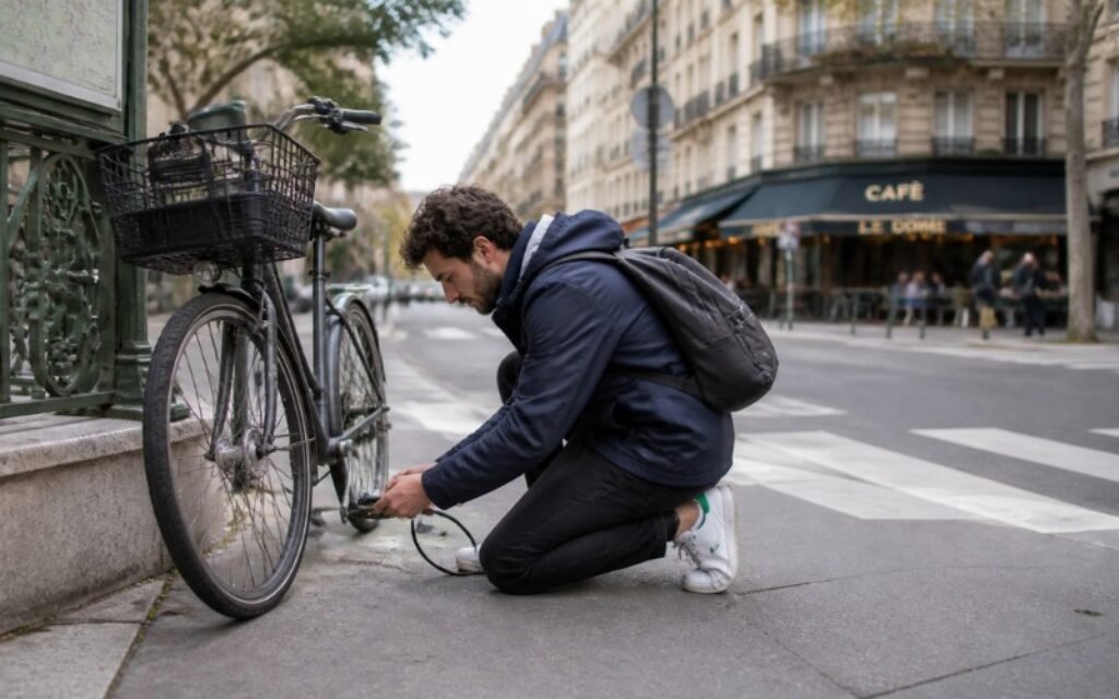 Cycliste vérifiant la pression d'un pneu sous-gonflé sur un vélo de ville