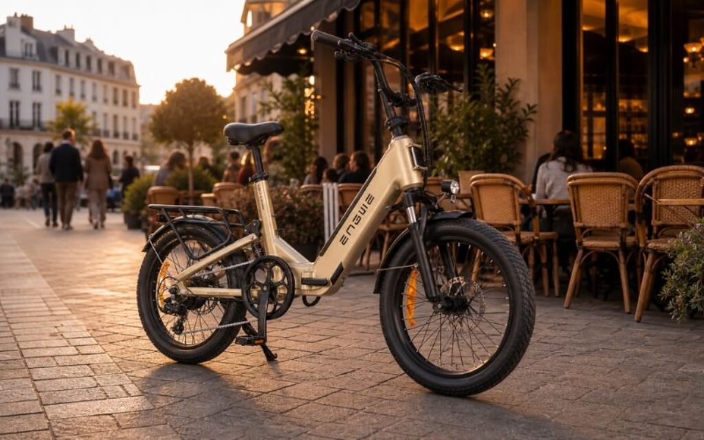 ENGWE L20 3.0 Boost en situation de mobilité urbaine devant un café, avec cadre bas, suspension avant et porte-bagages arrière