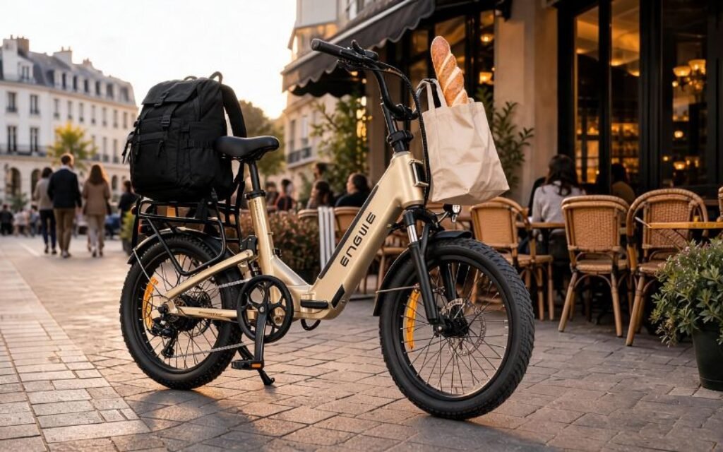 ENGWE L20 3.0 Boost utilisé pour les trajets quotidiens avec sac et accessoires de transport en environnement urbain