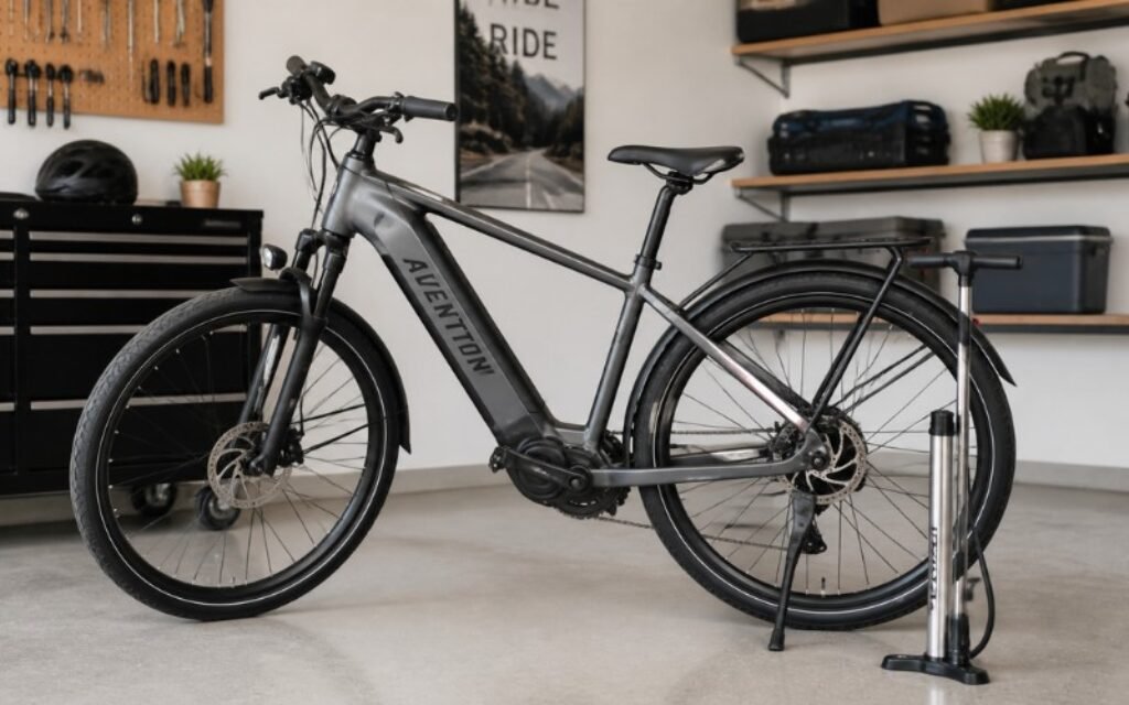Vélo électrique avec pompe à pied posée à côté dans un garage, prêt pour le gonflage des pneus