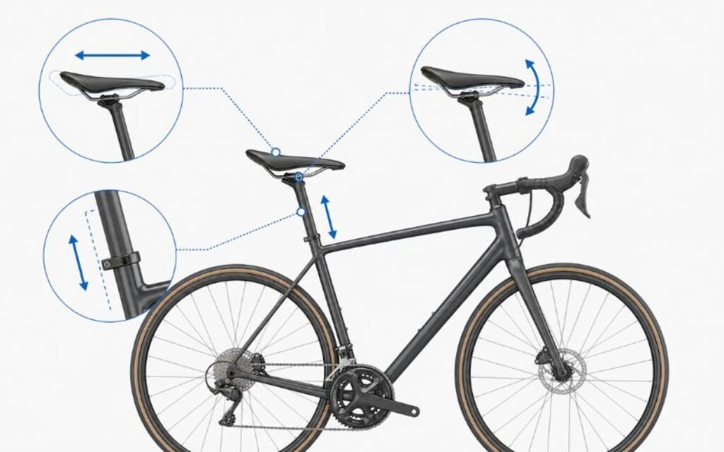 Schéma du réglage de hauteur, recul et inclinaison d’une selle de vélo