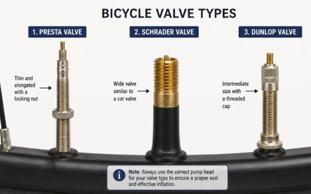 Illustration des trois types de valves de vélo : Presta, Schrader et Dunlop avec annotations